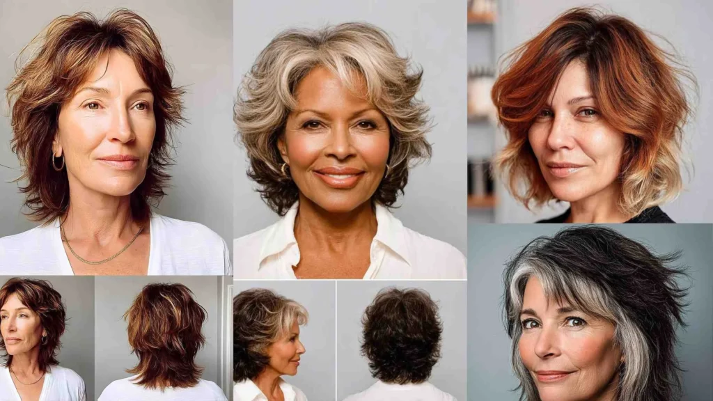 Modern shag hairstyle with soft waves and festive highlights.